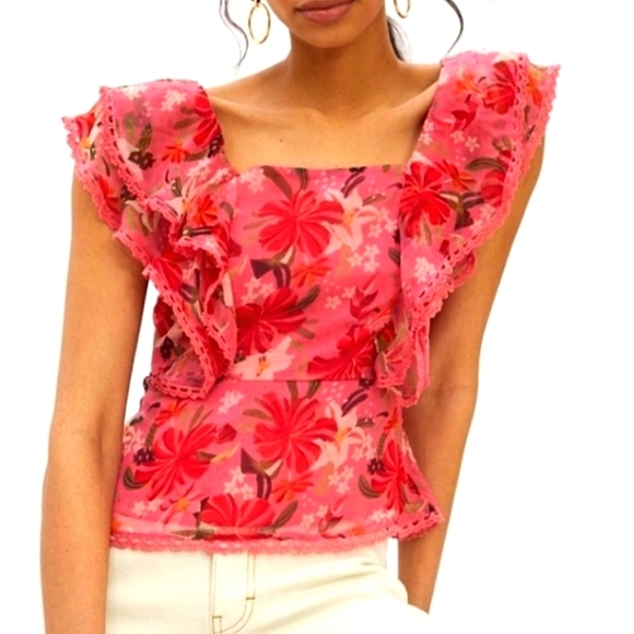 NWT Farm Rio Pink Lace Trim Top - Picture 1 of 14